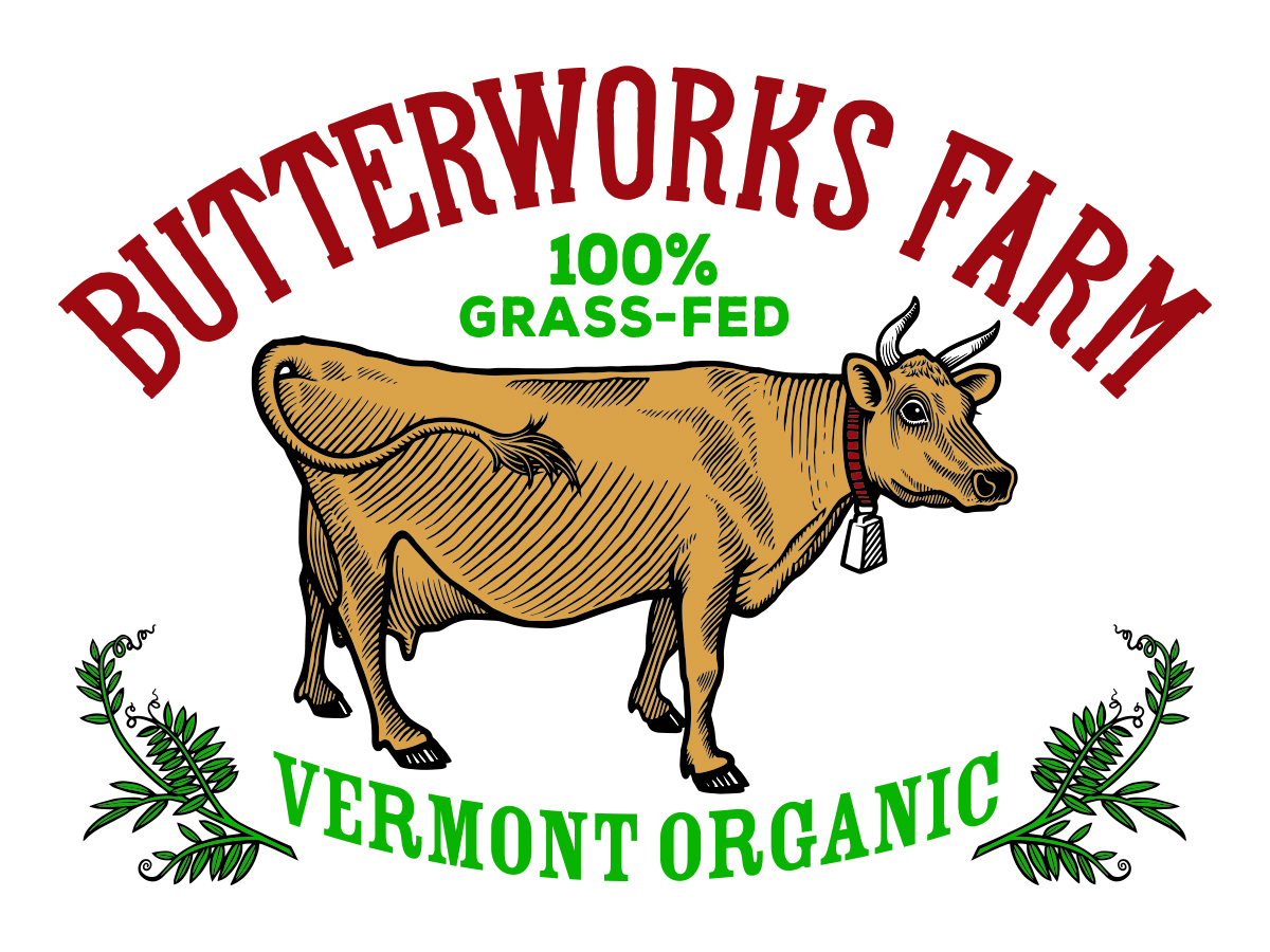 Butterworks Farm logo wit a cow and organic shoutout