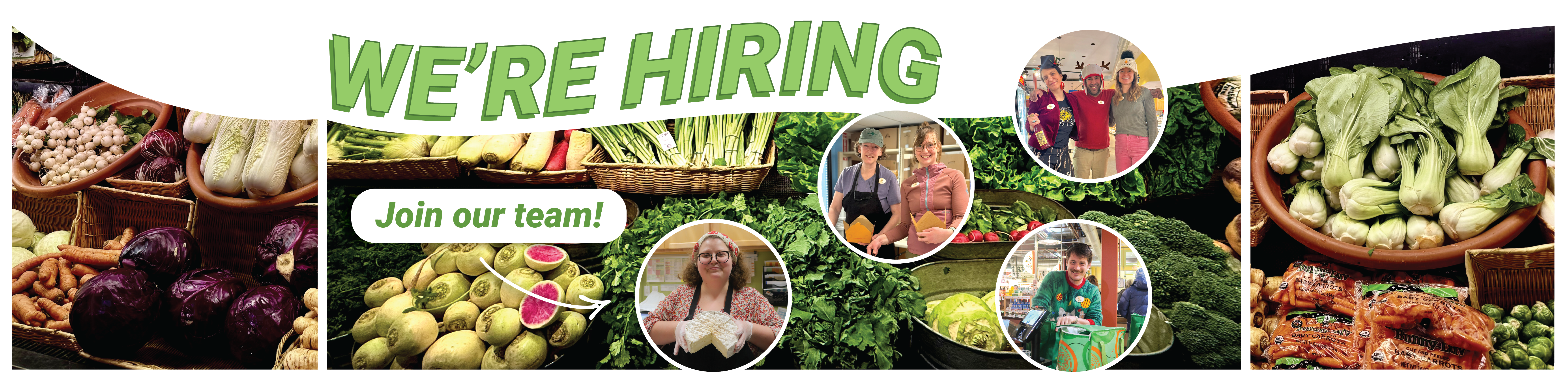 Hiring banner with photos of co-op employees overlaid onto a background image of produce
