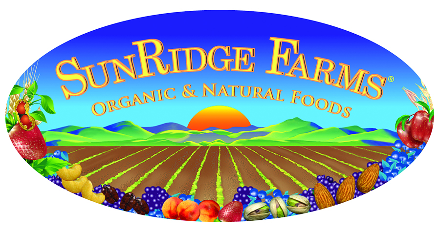 SunRidge Farms logo featuring soil, mountains, and a sunset.