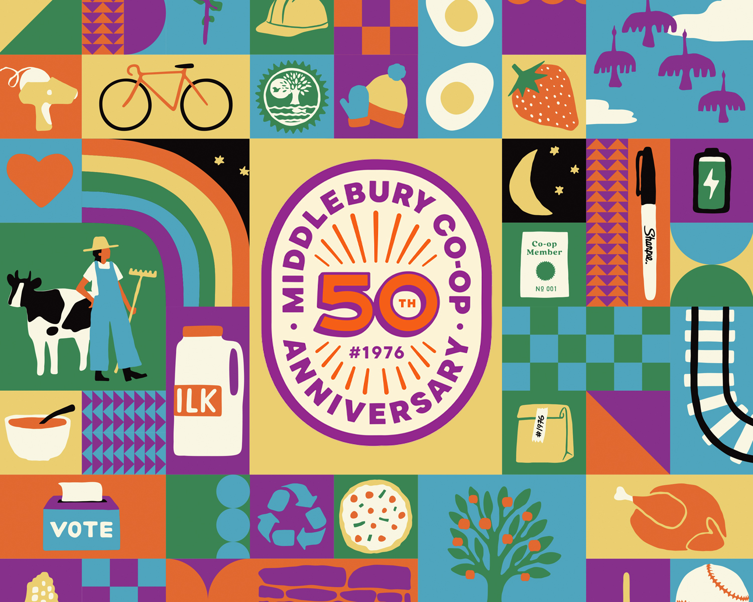 Icons representing 50 years of co-op history with 50th logo mark in the center.